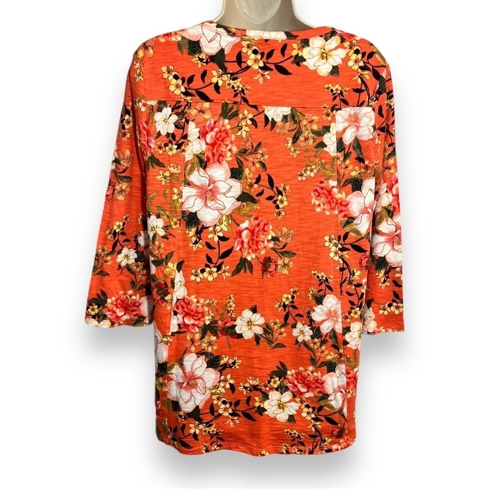 Chico’s Women’s Cotton-Blend Slub Floral-Print Tee Coral Size 1 (Medium) - Picture 4 of 9